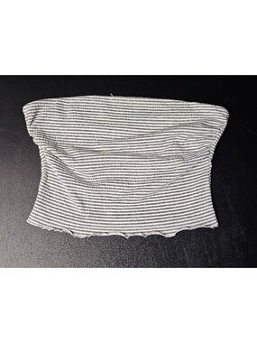 NEW GLG L Strapless Cropped Ruched Sides Lettuce Black White Striped Tank Top